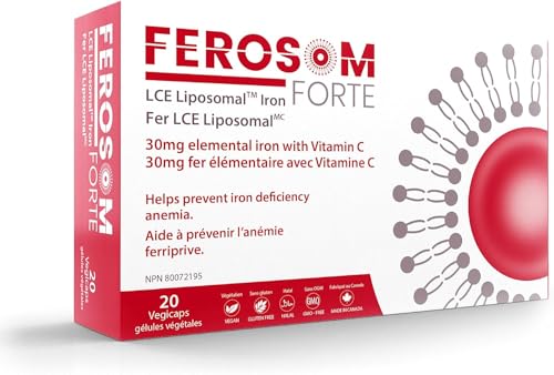 Ferosom Forte LCE Liposomal Iron – Iron Supplement Capsule Gentle on the Stomachs – 30g Elemental Iron with Vitamin C – One-A-Day Easy to Swallow Iron Pills for Women and Men, 20 Vegan Iron Capsules