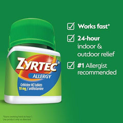 Zyrtec 24 Hour Allergy Relief Tablets, Indoor & Outdoor Allergy Medicine with 10 mg Cetirizine HCl per Antihistamine Tablet, Relief of Allergies, 60 ct