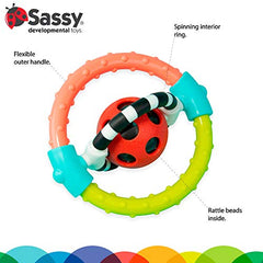 Sassy Spin and Chew Flex Ring Rattle - Textured Developmental Sensory Toy - Soft and Safe Materials - High Contrast - Ages Newborn and Up