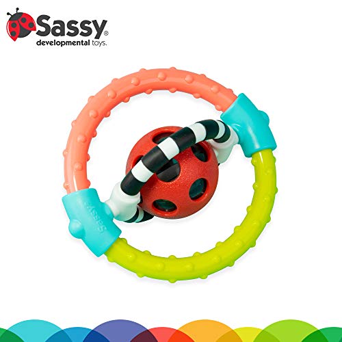 Sassy Spin and Chew Flex Ring Rattle - Textured Developmental Sensory Toy - Soft and Safe Materials - High Contrast - Ages Newborn and Up