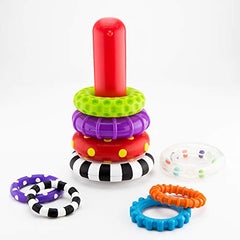 Sassy Stacks of Circles - Stacking Ring STEM Developmental Learning Toy - High Contrast Multicolored 9 Piece Set - For Ages 6+ Months