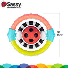 Sassy Spin and Chew Flex Ring Rattle - Textured Developmental Sensory Toy - Soft and Safe Materials - High Contrast - Ages Newborn and Up