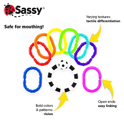 Sassy Ring O’ Links | Textured Developmental Sensory Toy | High Contrast Multicolored 9 Piece Set | For Ages Newborn and Up