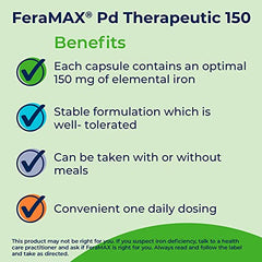 FeraMAX Pd Therapeutic 150 Iron Supplement - Once Daily High Dose Iron Supplement No.1 Recommended Treatment for Iron Deficiency Anemia - 150mg of Elemental Iron per Capsule, 100 Capsules