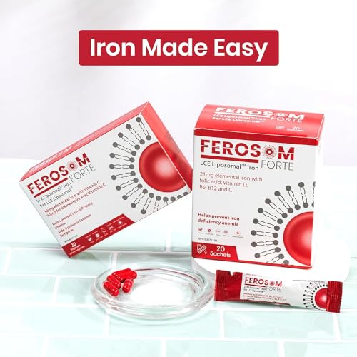 Ferosom Forte LCE Liposomal Iron – Iron Supplement Powder Gentle on the Stomach – 21g Elemental Iron with Vitamin B12, B6, D, C, Folic Acid – Berry Flavor Powder or Liquid Iron Drink, 20 Vegan Iron Sachets