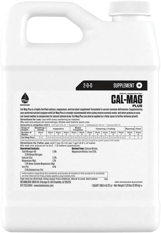 Botanicare Cal-Mag Plus, A Calcium, Magnesium, And Iron Plant Supplement, Corrects Common Plant Deficiencies, Add To Water Or Use As A Spray, 2-0-0 NPK, Quart