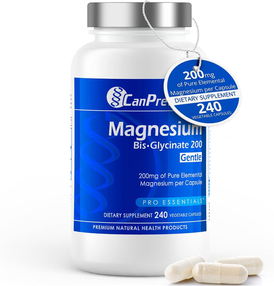 CanPrev - Pure Magnesium Bis-Glycinate 200mg (Gentle) | 240 v-caps | Elemental Chelated Complex Supplement | Magnesium bis-glycinate blend - Glycine, Magnesium Oxide, Magnesium bis-glycinate chelate | Vegan