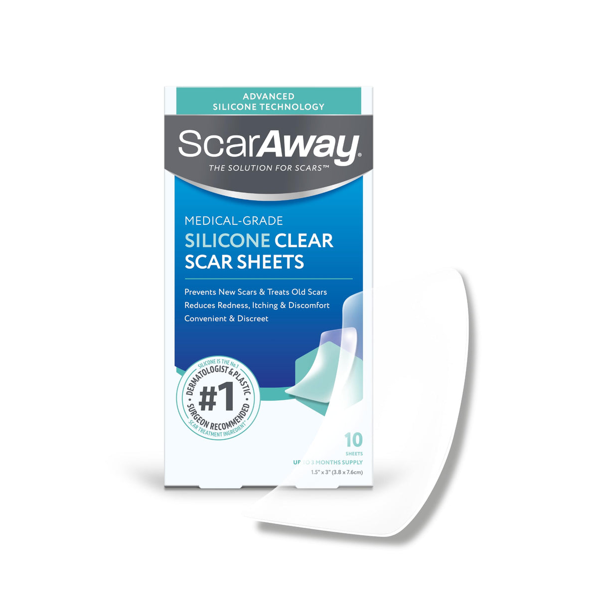 ScarAway Advanced Clear Silicone Scar Sheets, Medical Grade Silicone Strips (1.5" x 3") Scar Treatment and Prevention for Surgical, Burn, Body, Hypertrophic & Keloid Scar Treatment, 10 Clear Sheets