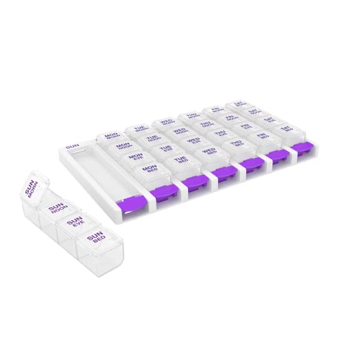 EZY DOSE Weekly (7 Day) 4 Times a Day Push Button Pill Organizer and Vitamin Planner, Removable Daily Pillboxes, Purple, Clear Lids, Large