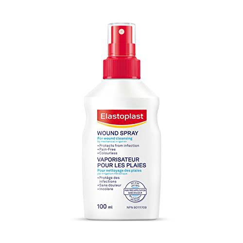 Elastoplast Wound Cleansing Spray, 100ml | Protects against infections | Fast and pain-free application | Colourless solution doesn’t stain clothes | Easy to use spray also works upside-down | Very skin-friendly