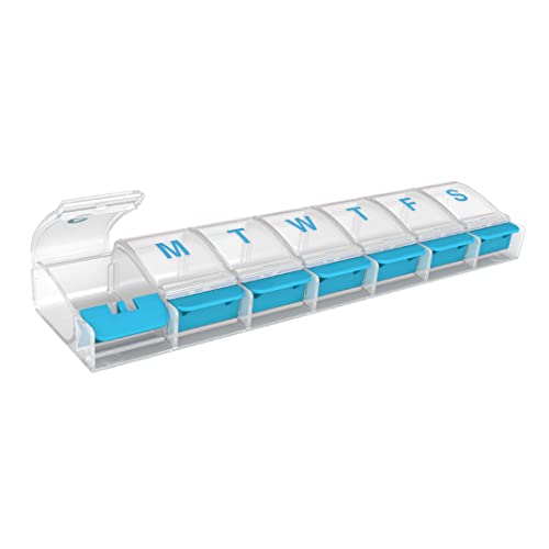 EZY DOSE Weekly (7-day) Push Button Pill Organizer and Planner, Arthritis Friendly, X-Large, Clear Lids, Blue