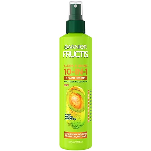 Garnier 10-In-1 Repairing Leave-In Spray For Frizzy & Dry Hair with Heat Protection, Fructis Sleek & Shine, With Argan Oil and Plant Keratin - 239ml