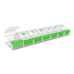 EZY DOSE Weekly (7-day) Push Button Pill Organizer and Planner, Arthritis Friendly, X-Large, Clear Lids, Green