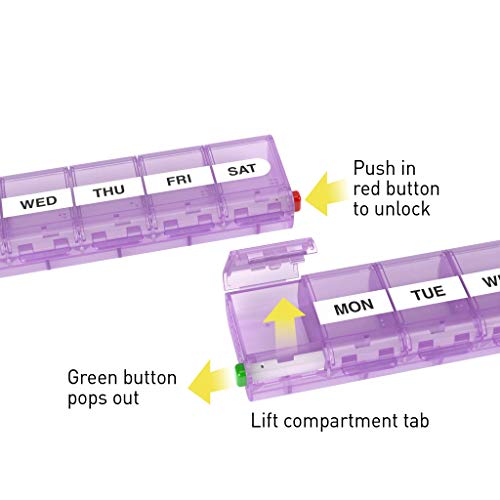EZY DOSE Weekly (7-Day) Pill Organizer, Vitamin and Medicine Box, X-Large Locking Compartments, Assorted Colors