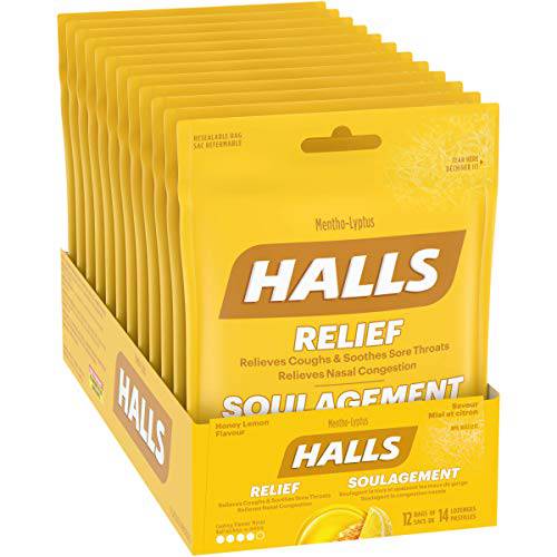 HALLS Mentho-Lyptus Honey Lemon 14 Count Bag, Pack of 12