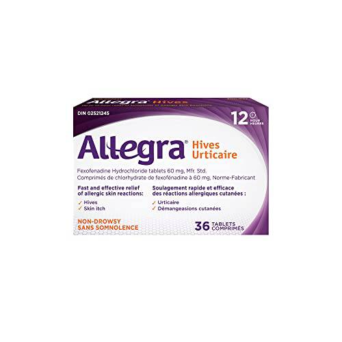 Allegra Hives - 12-Hour Itchy Skin Relief Due to Hives, Allergic Skin Reactions - 60 Mg Fexofenadine Hydrochloride, Antihistamine - Non-Drowsy Formula - Adults, Kids, 12 & Older - 36 Tablets