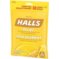 HALLS Triple Soothing Action Cough Drops, Honey Lemon, 1 Resealable Bag (80 Drops Total)