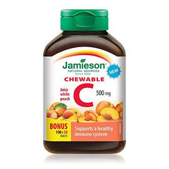 Jamieson Chewable Vitamin C 500 mg - White Juicy Peach Flavour, 120 Count (Pack of 1)