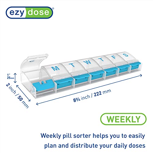 EZY DOSE Weekly (7-day) Push Button Pill Organizer and Planner, Arthritis Friendly, X-Large, Clear Lids, Blue