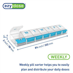 EZY DOSE Weekly (7-day) Push Button Pill Organizer and Planner, Arthritis Friendly, X-Large, Clear Lids, Blue