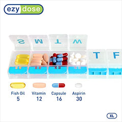 EZY DOSE Weekly (7-day) Push Button Pill Organizer and Planner, Arthritis Friendly, X-Large, Clear Lids, Blue