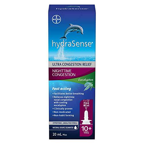 hydraSense Nighttime Congestion Nasal Spray -  with Cooling Eucalyptus, Ultra Nasal Congestion Relief Saline Spray, Fast Acting, Clinically-Proven, Non-Medicated, Non-Habit forming, Saline Solution, Natural Source Seawater, 20ml