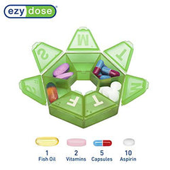 EZY DOSE Weekly Pill Organizer and Planner, Travel Pill Planner, 7-Sided, Green