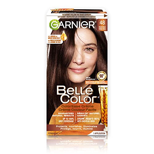 Garnier Belle Color Permanent Hair Dye, 48 Mocha Brown, 100% Grey Coverage, Enriched with Argan Oil and Wheat Germ Oils - 1 Application, Packaging may vary