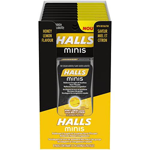 Halls Minis No Sugar Added Honey Lemon Cough Drops, 24 lozenges per pack, 8 packs per tray