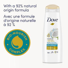 Dove Coconut + Hydration Shampoo nourishes and hydrates dry hair made with 92% natural origin ingredients 355 ml