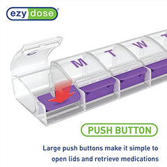 EZY DOSE Weekly (7-day) Push Button Pill Organizer and Planner, Arthritis Friendly, X-Large, Clear Lids, Purple