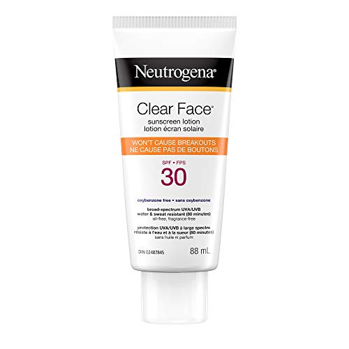 Neutrogena Sunscreen Lotion Clear Face for Acne Prone Skin, SPF 30, Water Resistant, Non Comedogenic & won't cause breakouts, 88 mL