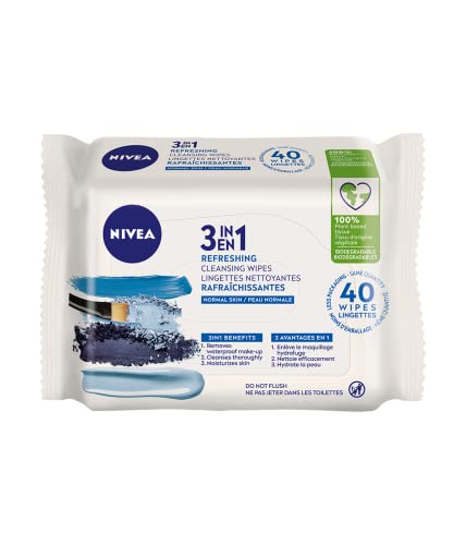 NIVEA 3-in-1 Biodegradable Face Cleansing & Make-up Removing Wipes for Normal Skin, 40 Wipes