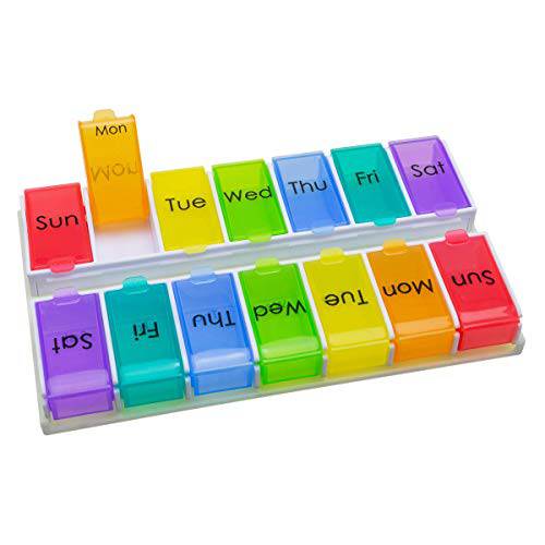 EZY DOSE Weekly (14-Day) Pill Organizer, Vitamin and Medicine Box, X-Large Detachable Compartments, Rainbow Colors