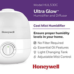 Honeywell HUL530C Ultra Glow™ Ultrasonic Light Changing Top Fill Cool Mist Humidifier,Diffuser For Bedroom,Baby Nursery,Small Room,Plant,Ultra Quiet,Essential Oil,Filterless, 1.89 L, Runs 24 hrs,White