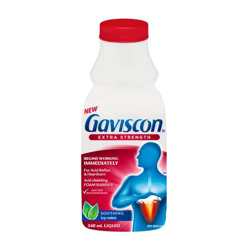 Gaviscon Liquid Extra Strength Antacid - 340 ml - Antacid Liquid for Day and Night Heartburn Relief, Acid Reflux and GERD Relief, Icy Mint- Free of Aluminum, Lactose and Gluten