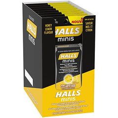 Halls Minis No Sugar Added Honey Lemon Cough Drops, 24 lozenges per pack, 8 packs per tray