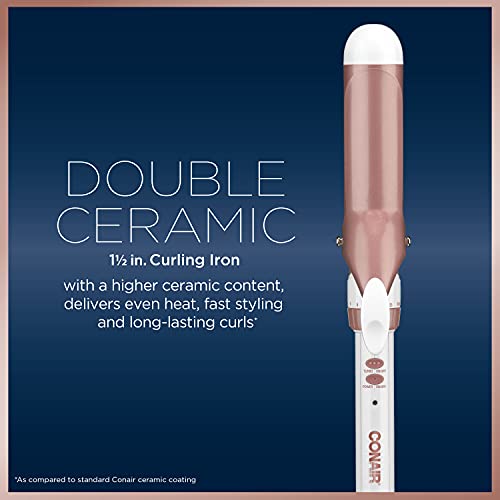 Conair Double Ceramic 1 1/2-Inch Curling Iron, 1 ½ inch barrel produces soft waves – for use on medium and long hair, White/Rose Gold