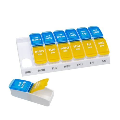 EZY DOSE Weekly (7-Day) AM/PM Pill Organizer, Vitamin and Medicine Box, Large Pop-out Compartments, 2 Times a Day, Blue and Yellow Lids