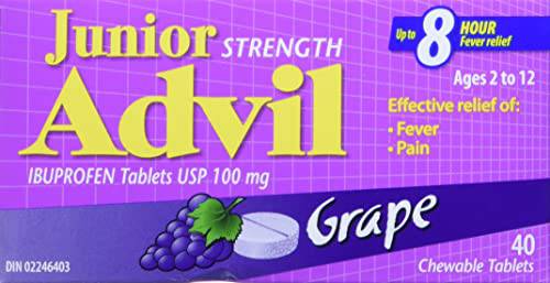 Advil Junior Strength (40 Count, Grape Flavour) Ibuprofen Chewable Tablets for Relief of Pain Fever