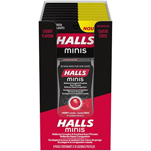 Halls Minis No Sugar Added Cherry Cough Drops, 24 lozenges per pack, 8 packs per tray