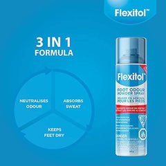 Flexitol Foot Odour Powder Spray | Triple Action Formula - Neutralizes Odour, Absorbs Sweat & Cools | 12 Hour Protection |143g