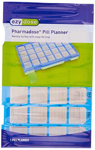 EZY DOSE Weekly (7-Day) Pill Organizer, Vitamin and Medicine Box, Large Compartments with Easy Fill Tray, 4 Times a Day, Clear Lids