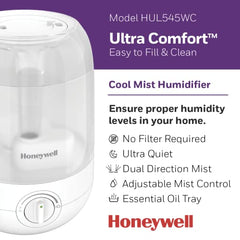 Honeywell HUL545WC Ultra Comfort™ Ultrasonic Cool Mist Humidifier, White, with Essential Oil Tray, Auto Shut-off, Ultra Quiet Operation, Dual Direction Mist Outlet, Cool Visible Mist