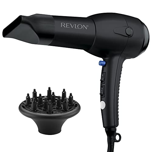 Revlon RV544FBLK Advanced Ionic Technology™ Hair Dryer with Diffuser, Powerful, Ionic Hair Dryer with Concentrator, Quick Dry, Lightweight, 2 Heat/ Speed Settings, Less Frizz, Shiny and Smooth Hair, Black