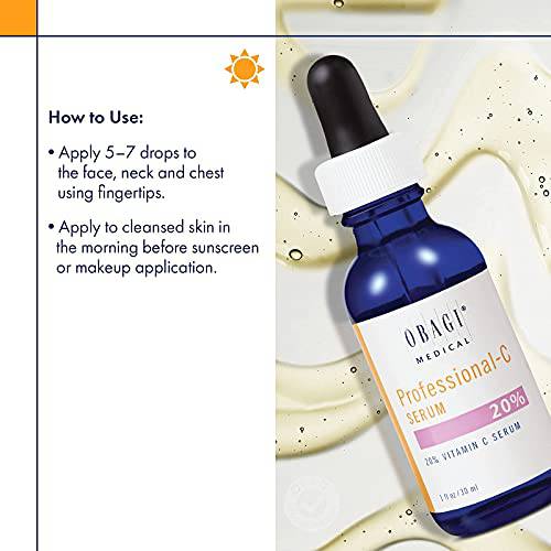 Obagi Professional C Serum 20%, Vitamin C Facial Serum with Concentrated 20% L Ascorbic Acid for Normal to Oily Skin, 1.0 Fl Oz