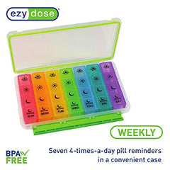 Ezy Dose Weekly (7-Day) Pill Organizer, Vitamin and Medicine Box, X-Large Pop-Out Compartments, 4 Times a Day, Rainbow Lids with Case