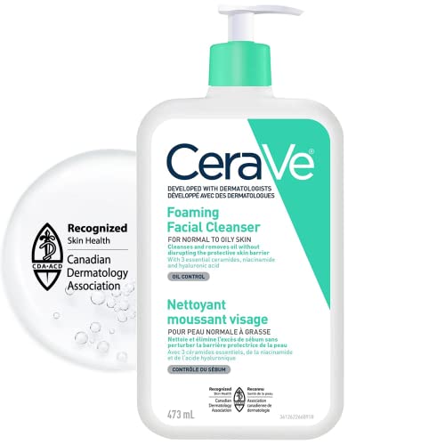 CeraVe FOAMING Face Cleanser, Gentle Face Wash with Hyaluronic Acid, Niacinamide, Ceramides. Makeup Remover for oily skin, won’t clog pores. Oil & sebum control. Non-Comedogenic, Sensitive Skin, Men & Women, 473ML