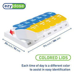 EZY DOSE Weekly (7-Day) AM/PM Pill Organizer, Vitamin and Medicine Box, Large Pop-out Compartments, 2 Times a Day, Blue and Yellow Lids