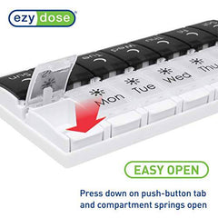 EZY DOSE Weekly (7-Day) AM/PM Pill Organizer, Vitamin and Medicine Box, Large Push Button Compartments, 2 Times a Day, Black and White Lids 1 count (Pack of 1)